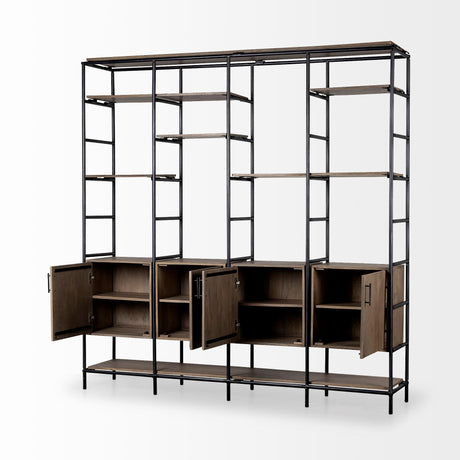 Mercana Darius 82L x 16.5W x 90H Medium Brown Wood and Metal Multi-Shelf Shelving Unit