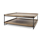 Mercana Trey 48x46 Rectangular Brown Solid Wood Top Table Black Metal Frame Two-Tier Coffee Table