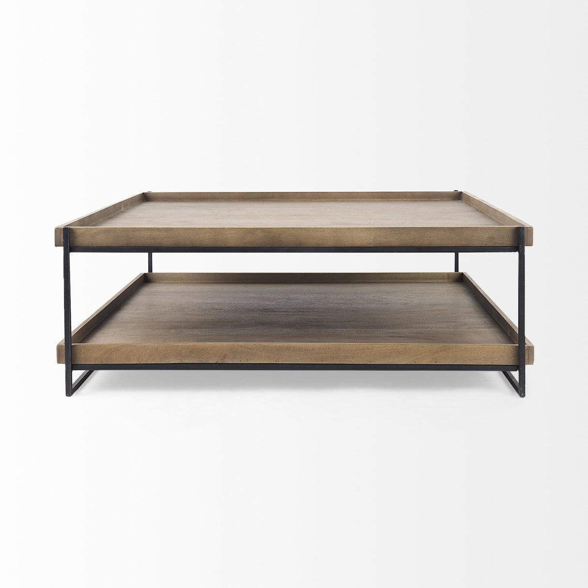 Mercana Trey 48x46 Rectangular Brown Solid Wood Top Table Black Metal Frame Two-Tier Coffee Table