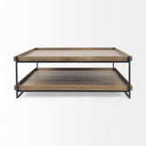 Mercana Trey 48x46 Rectangular Brown Solid Wood Top Table Black Metal Frame Two-Tier Coffee Table