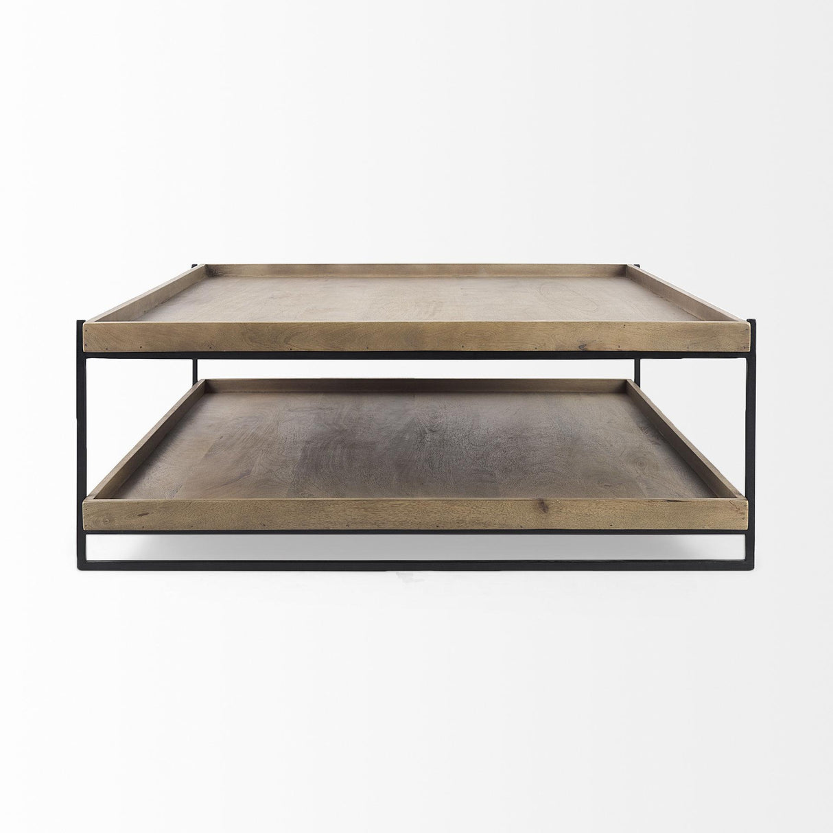 Mercana Trey 48x46 Rectangular Brown Solid Wood Top Table Black Metal Frame Two-Tier Coffee Table