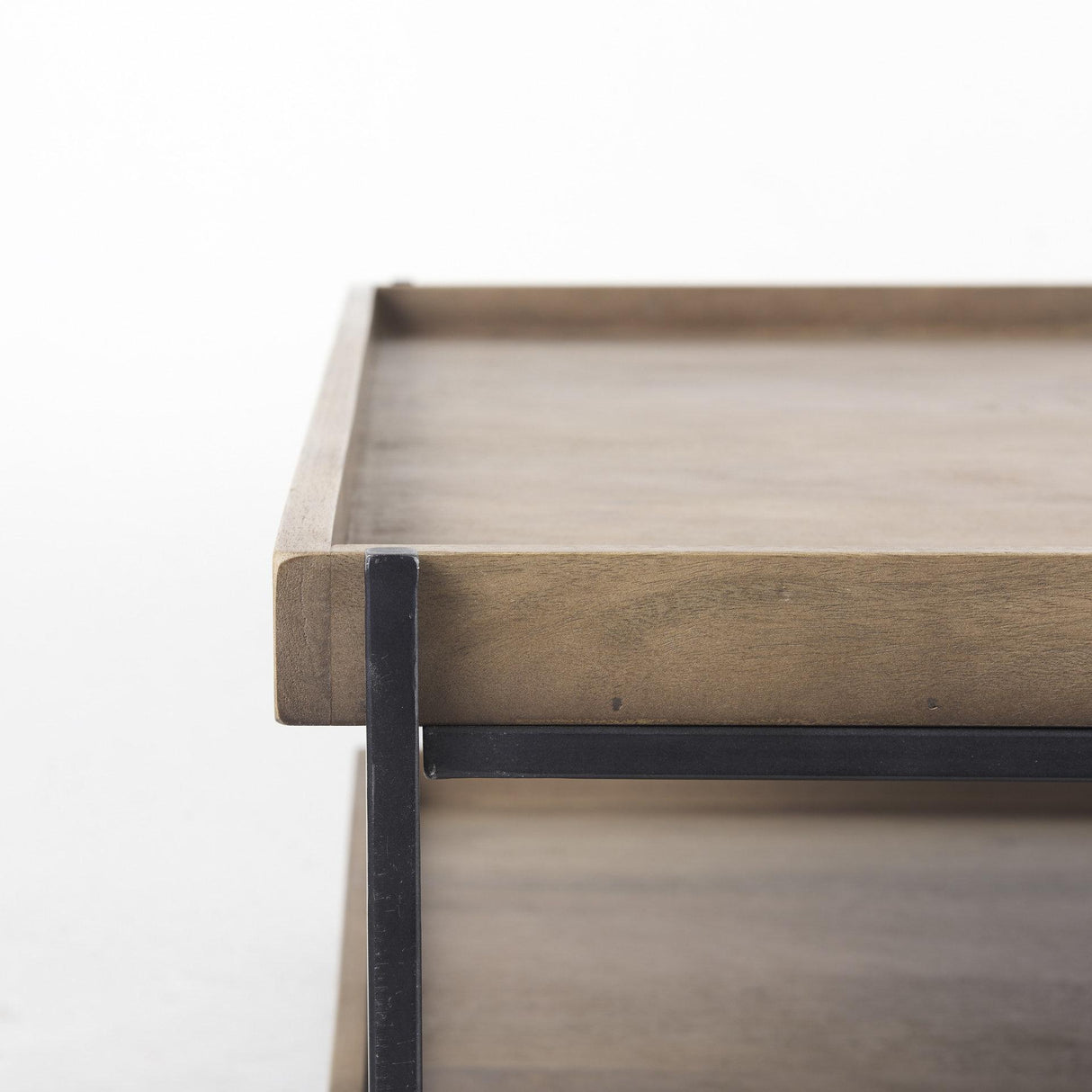 Mercana Trey 48x46 Rectangular Brown Solid Wood Top Table Black Metal Frame Two-Tier Coffee Table