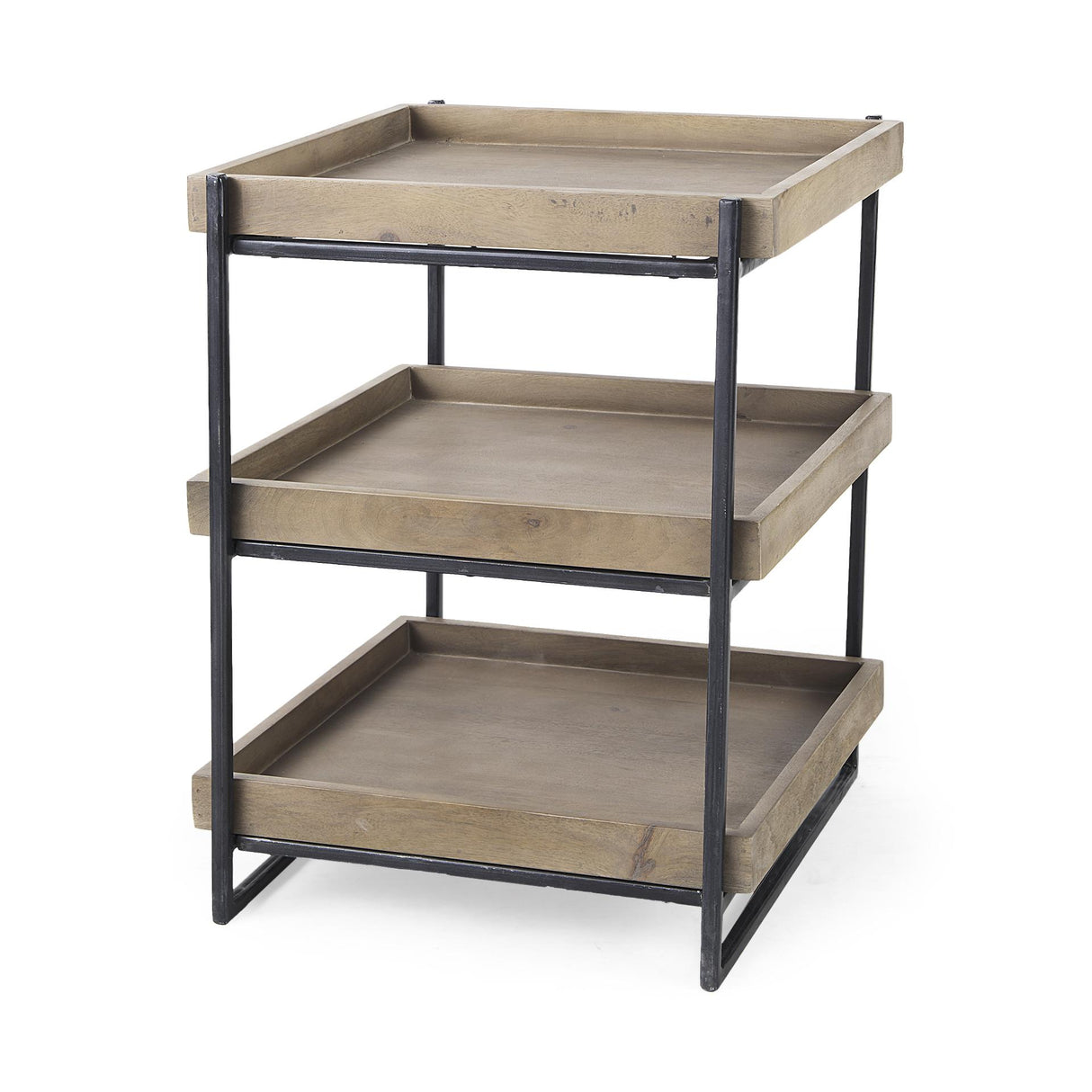 Mercana Trey III 20" x 26" Square Medium Brown Wooden Three-Tiered Black Iron Frame End/Side Table