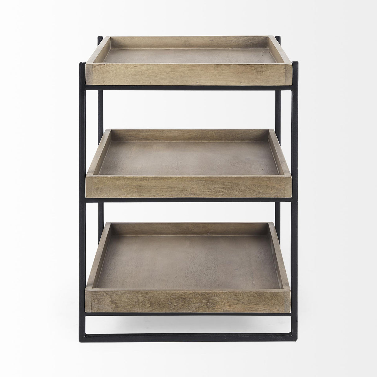 Mercana Trey III 20" x 26" Square Medium Brown Wooden Three-Tiered Black Iron Frame End/Side Table