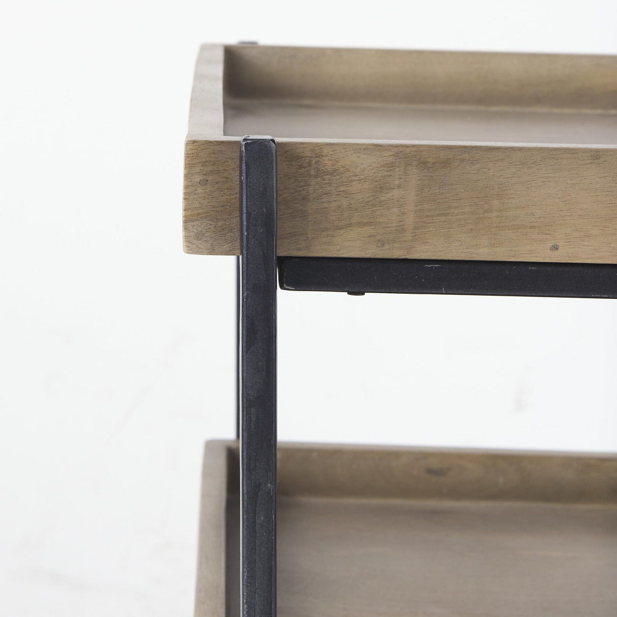 Mercana Trey III 20" x 26" Square Medium Brown Wooden Three-Tiered Black Iron Frame End/Side Table