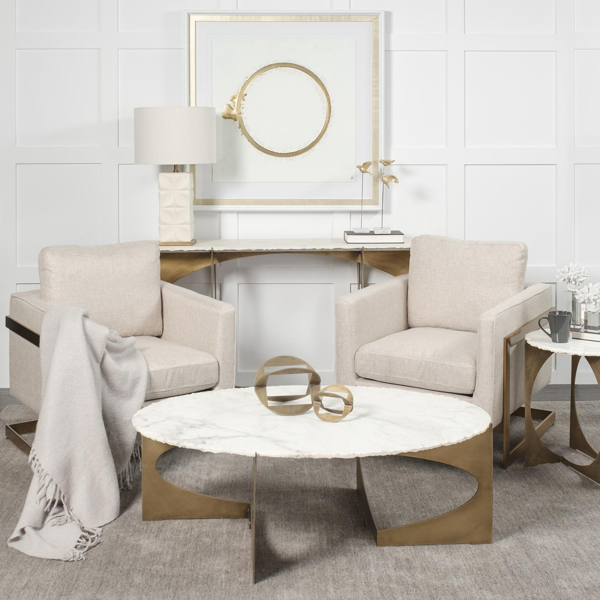 Mercana Reinhold 49" Round White Marble Top Gold Metal Base Coffee Table
