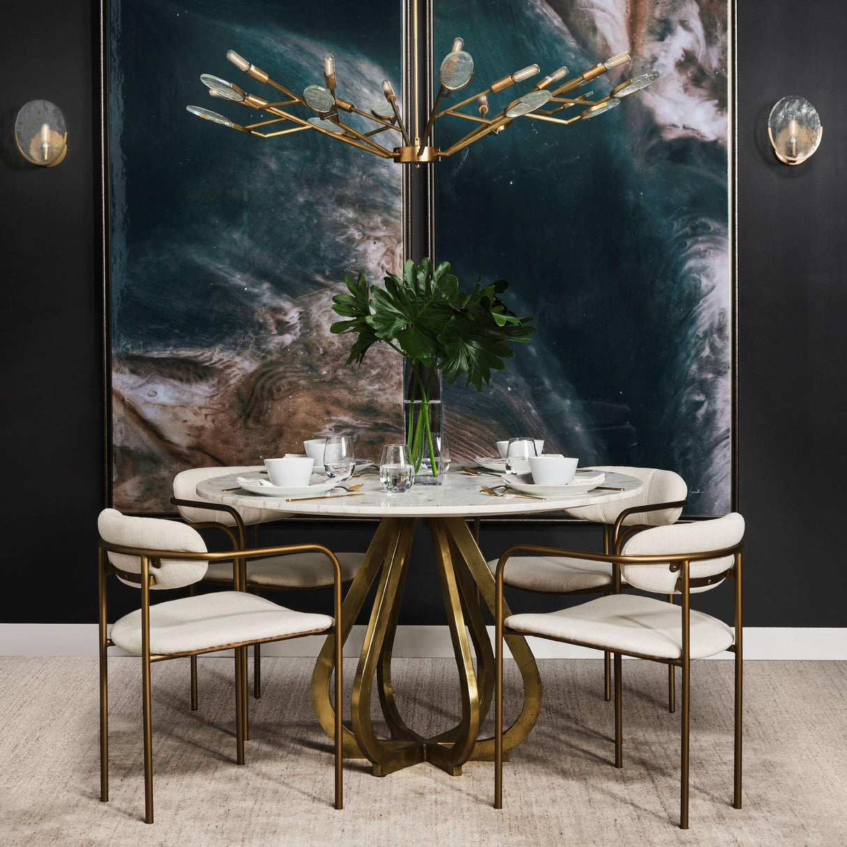 Mercana Laurent 48" Marble Top Gold Metal Base Dining Table