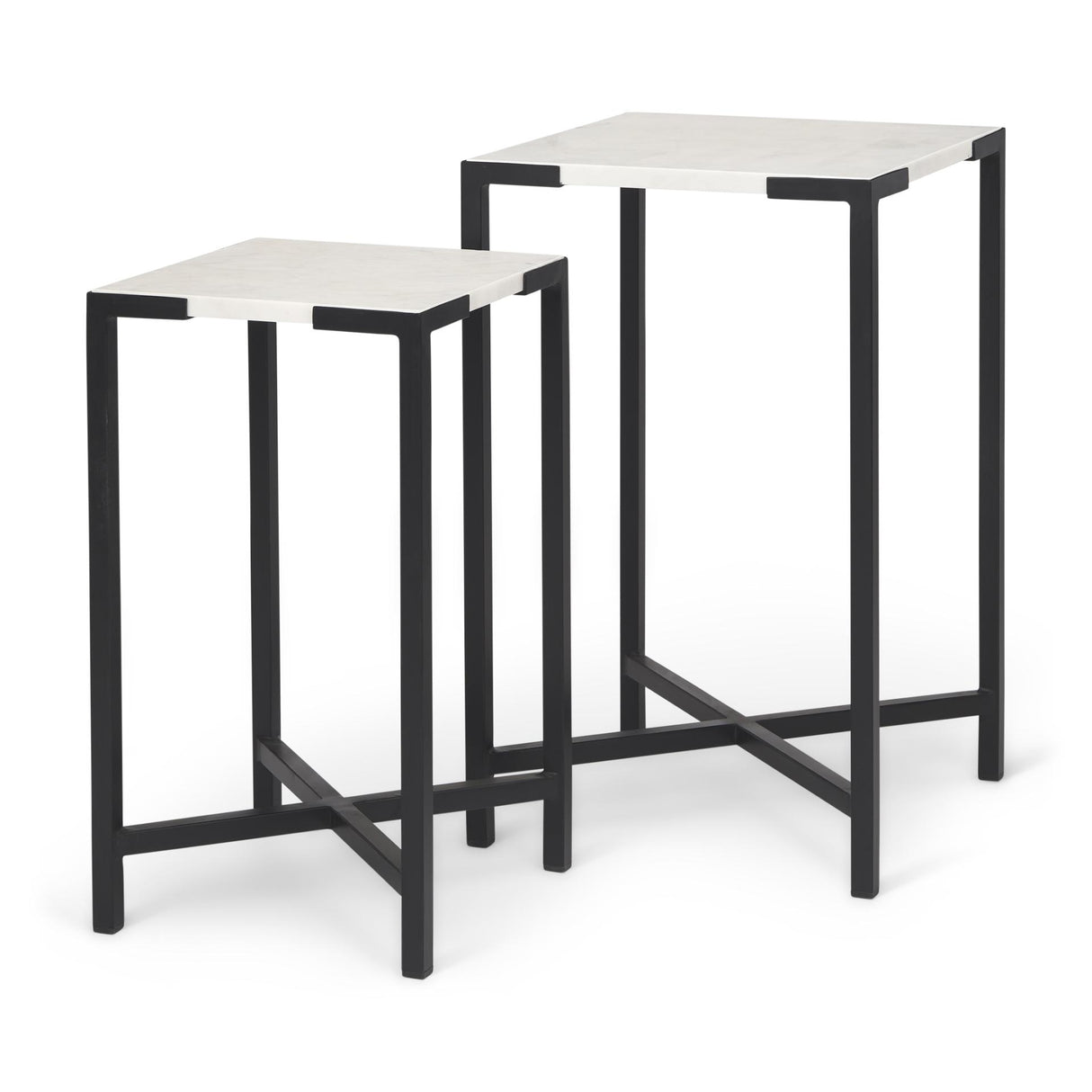 Mercana Lucas III (Set of 2) 15L x 15W; 12L x 12W White Marble W/Black Iron Frame Accent Tables