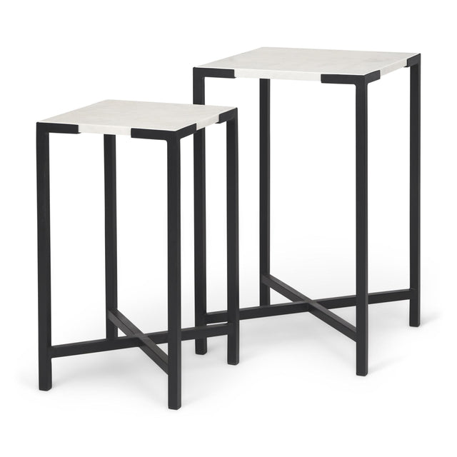 Mercana Lucas III (Set of 2) 15L x 15W; 12L x 12W White Marble W/Black Iron Frame Accent Tables