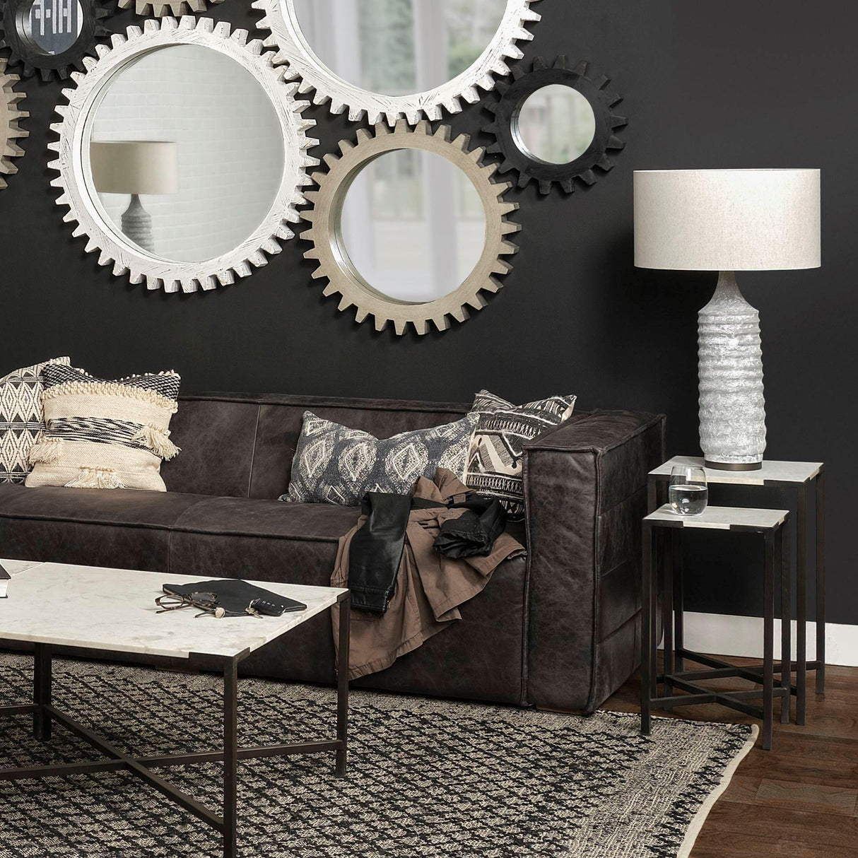 Mercana Lucas III (Set of 2) 15L x 15W; 12L x 12W White Marble W/Black Iron Frame Accent Tables