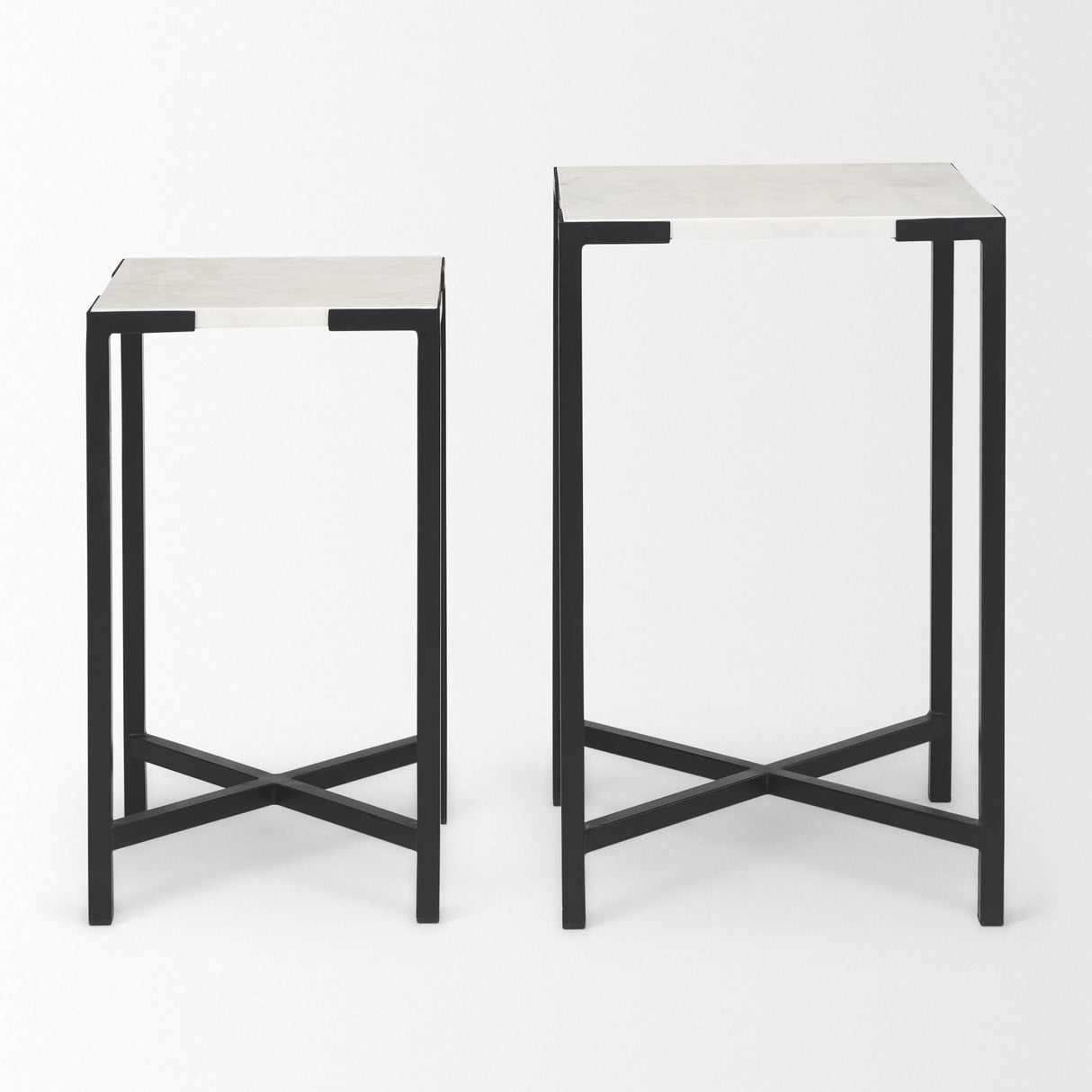 Mercana Lucas III (Set of 2) 15L x 15W; 12L x 12W White Marble W/Black Iron Frame Accent Tables