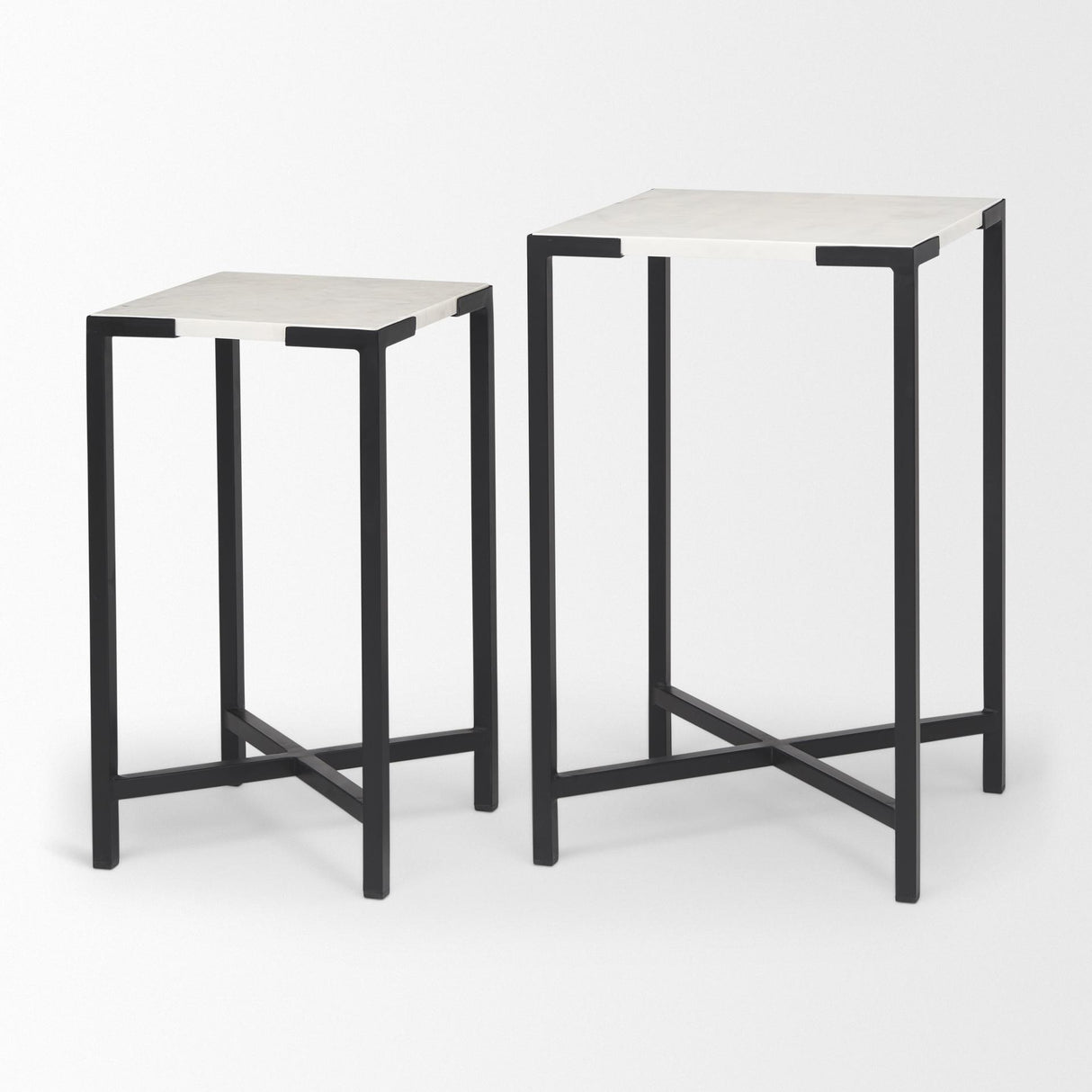 Mercana Lucas III (Set of 2) 15L x 15W; 12L x 12W White Marble W/Black Iron Frame Accent Tables