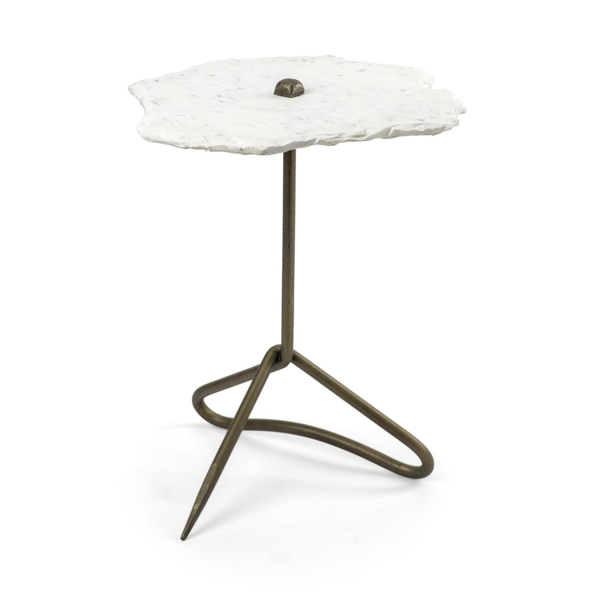 Mercana Pinera II 19L x 19W White Marble W/ Triangluar Gold Iron Base Accent Table