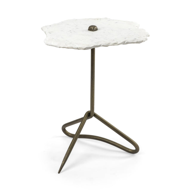 Mercana Pinera II 19L x 19W White Marble W/ Triangluar Gold Iron Base Accent Table