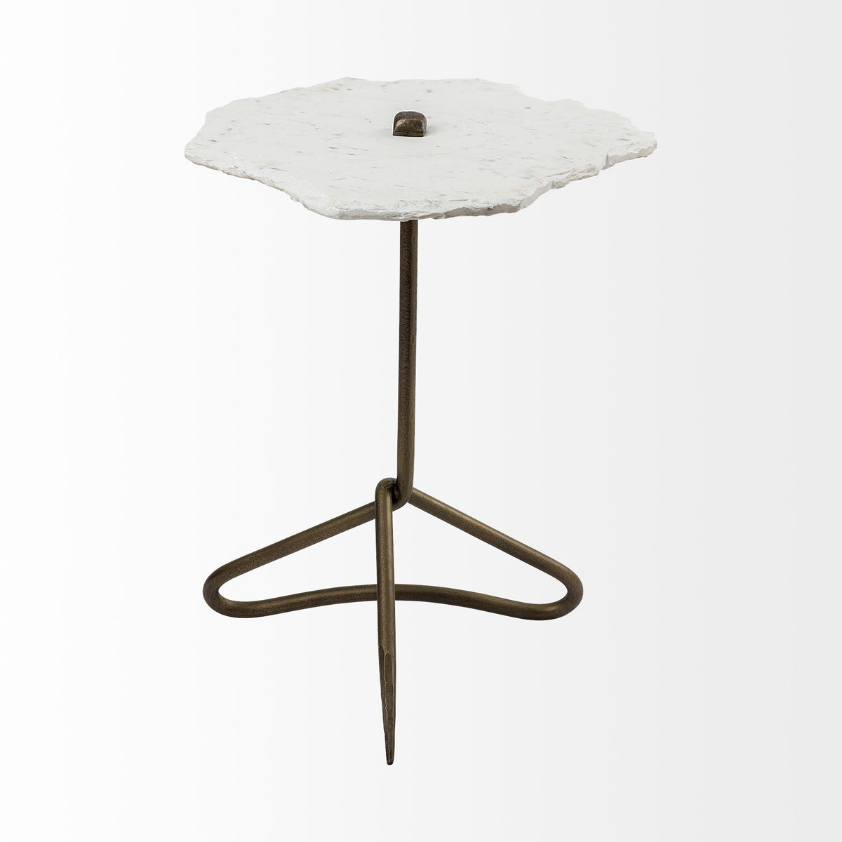 Mercana Pinera II 19L x 19W White Marble W/ Triangluar Gold Iron Base Accent Table