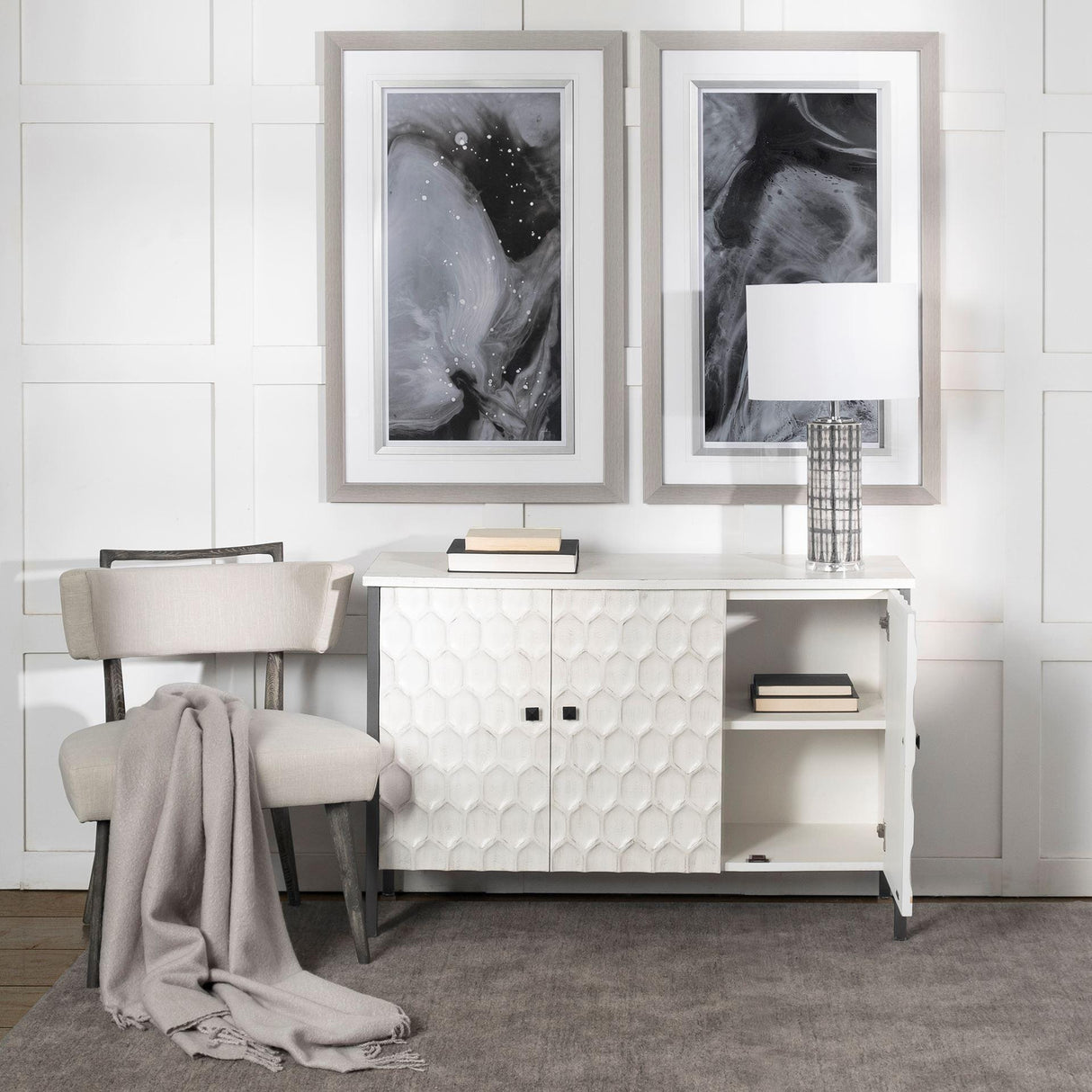 Mercana Savannah White Fir Veneer & Gray Metal 3-Door Accent Cabinet
