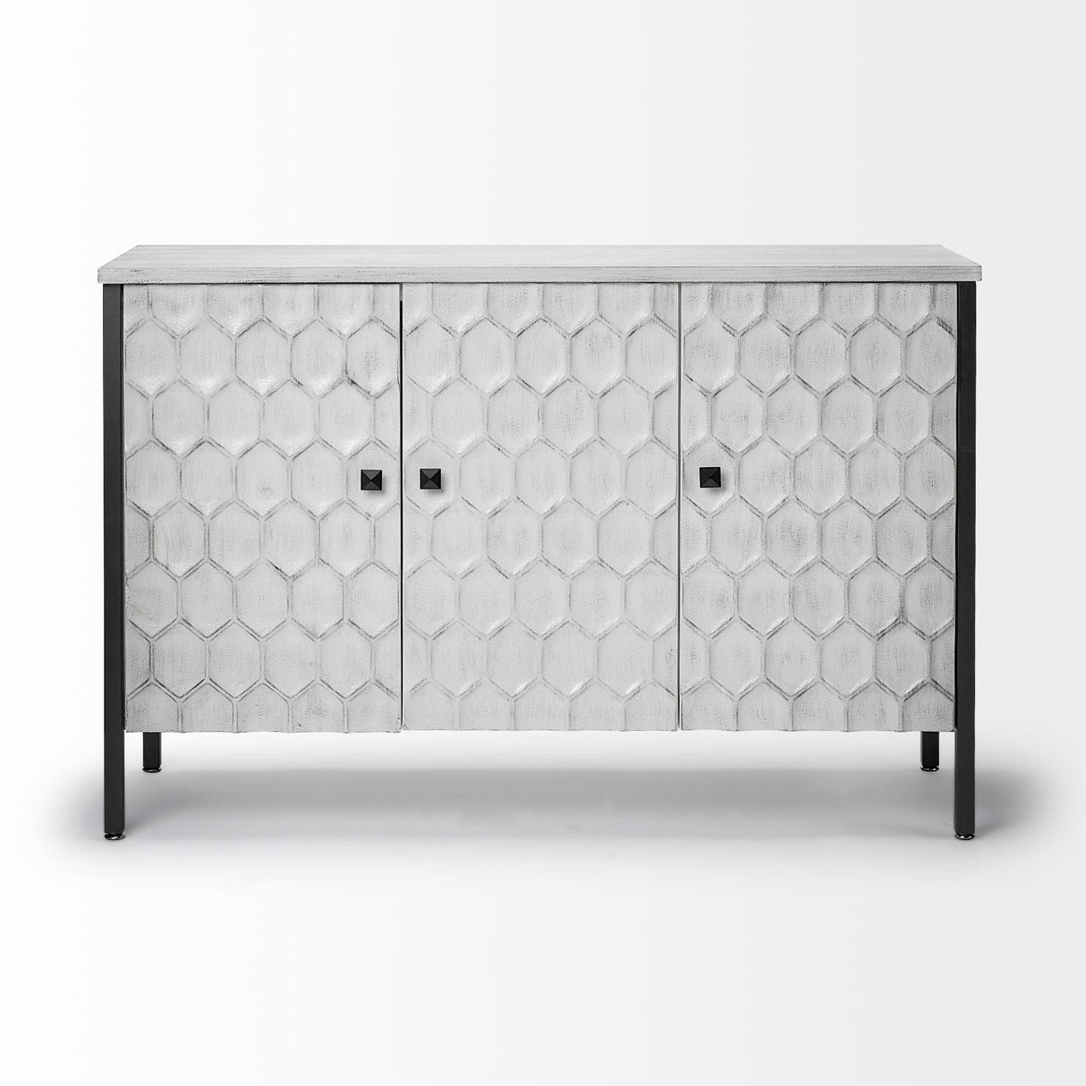 Mercana Savannah White Fir Veneer & Gray Metal 3-Door Accent Cabinet