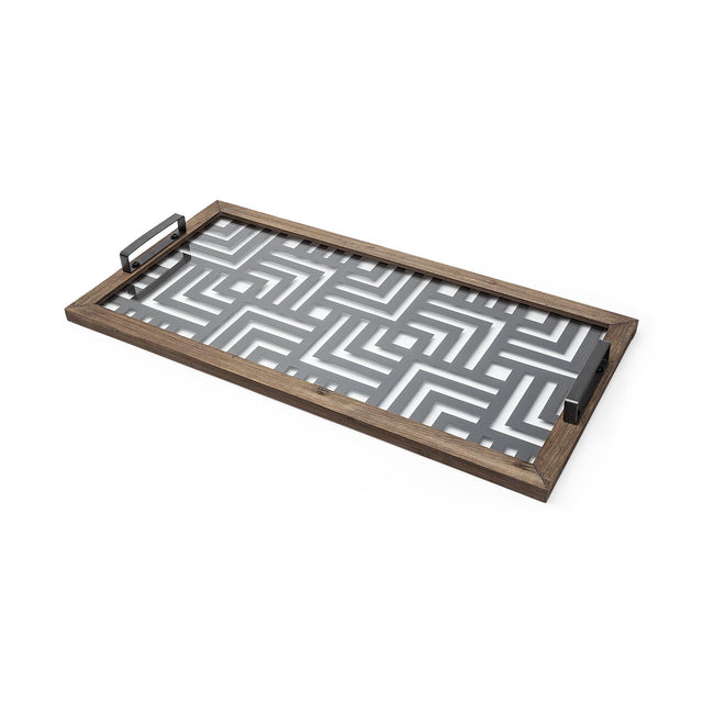 Mercana Fantuz 32L x 16W Gray Metal, Wood and Glass Serving Tray