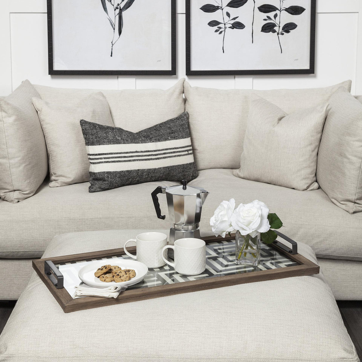 Mercana Fantuz 32L x 16W Gray Metal, Wood and Glass Serving Tray
