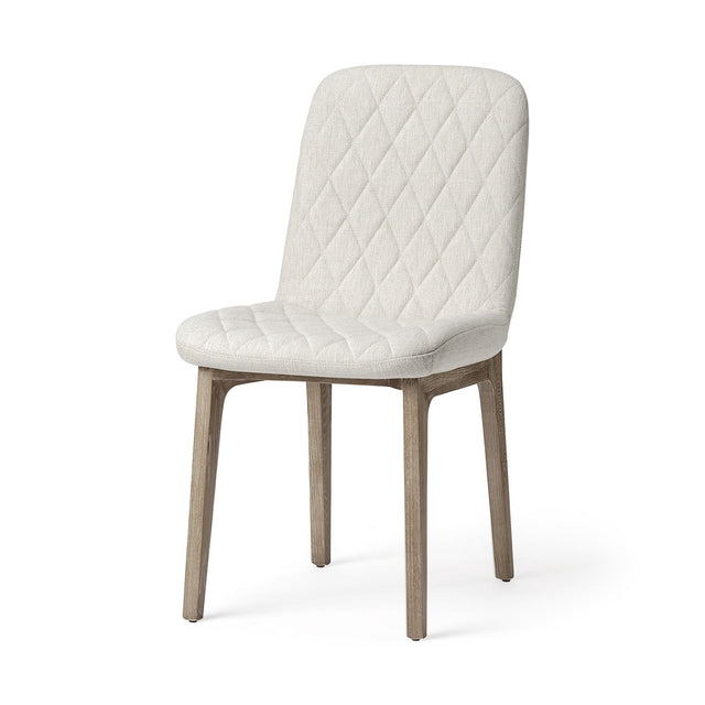 Mercana David Diamond Tuffed Cream Fabric Wrap Brown Wood Base Dining Chair