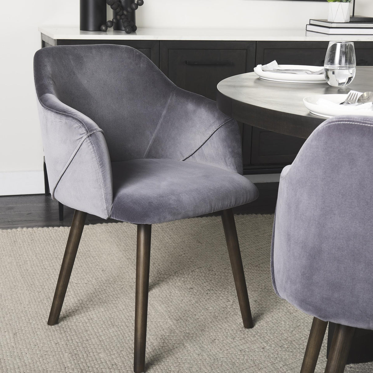 Mercana Ronald II Grey Velvet Wrap Black Wooden Base Dining Chair