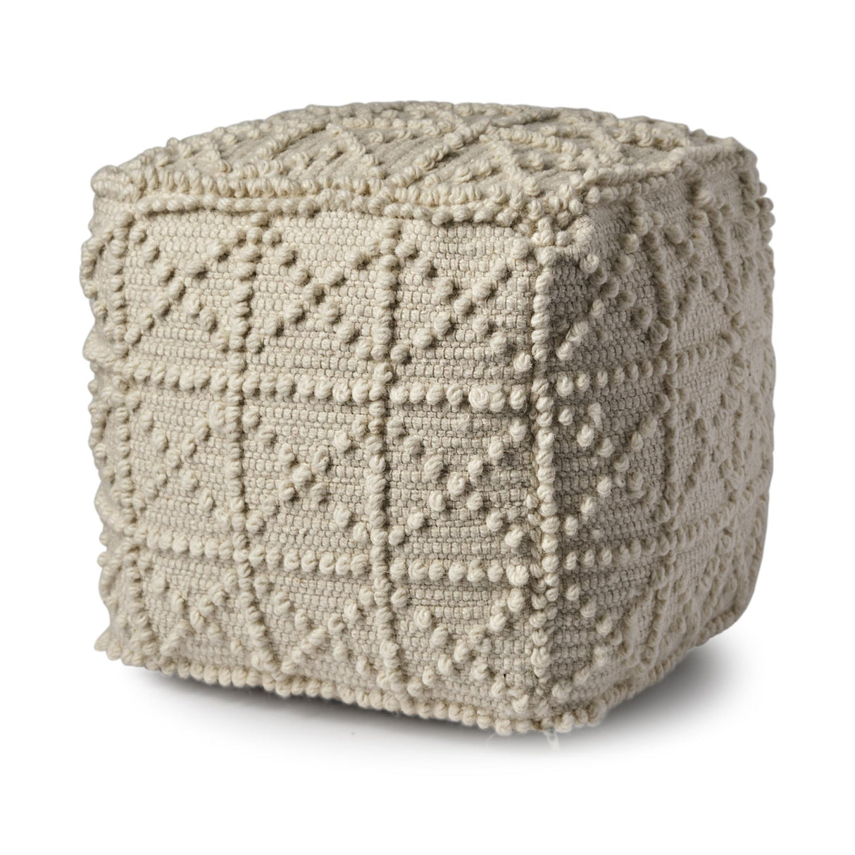 Mercana Leroy Square Cream Wool Pouf w/ Popcorn Detail