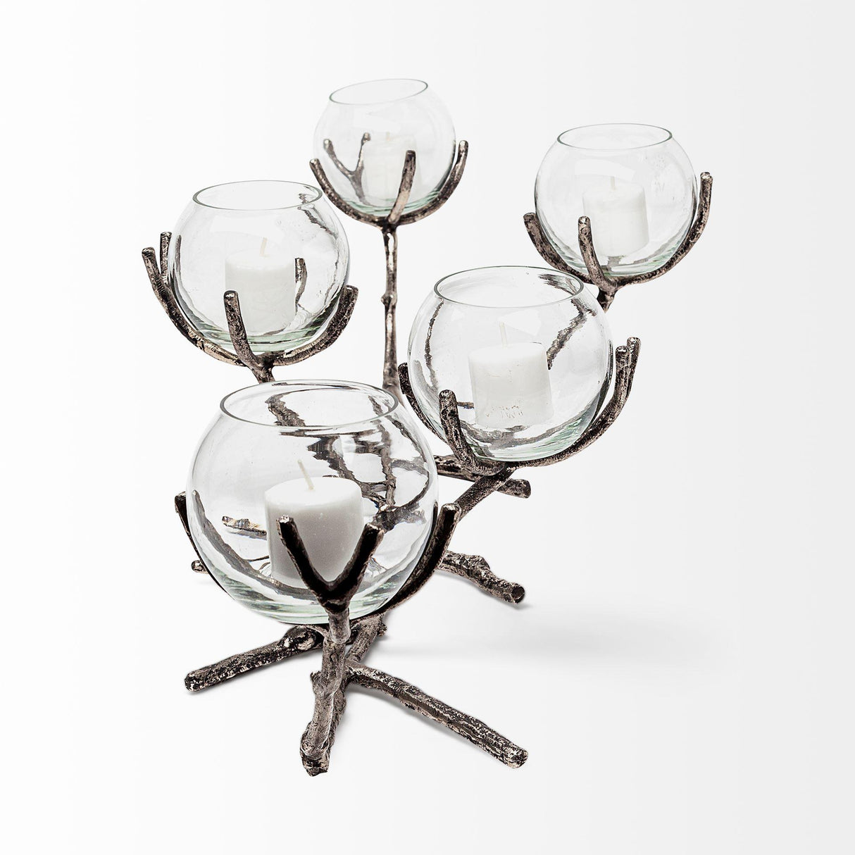 Mercana Vine I Distressed Silver Metal Creeper Five Candle Table Candle Holder