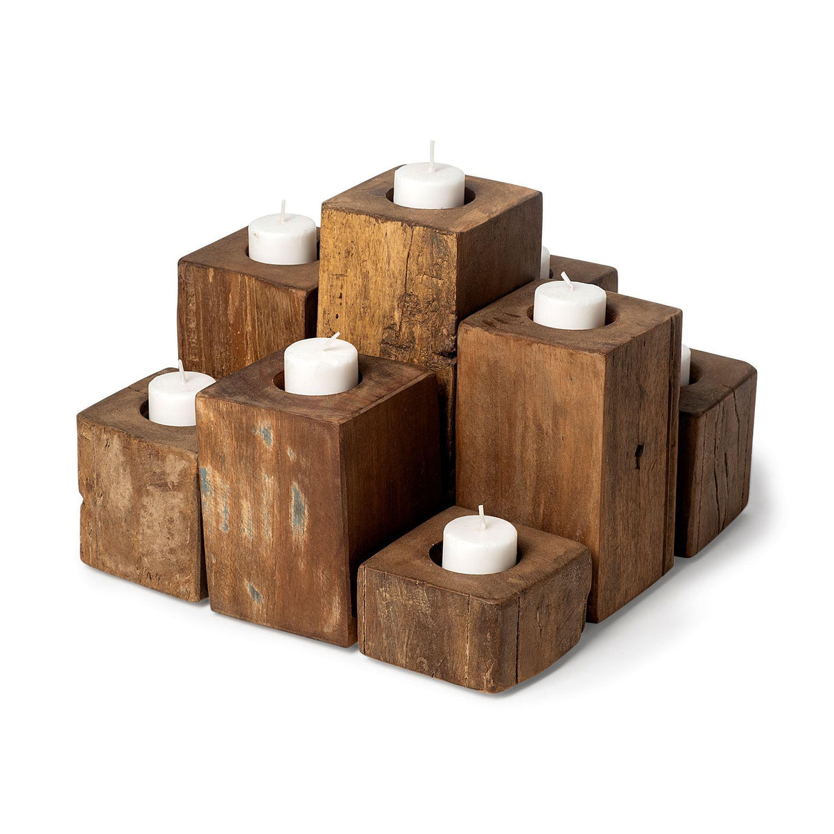 Mercana Cassius Light Brown Nine Wood Block Table Candle Holder