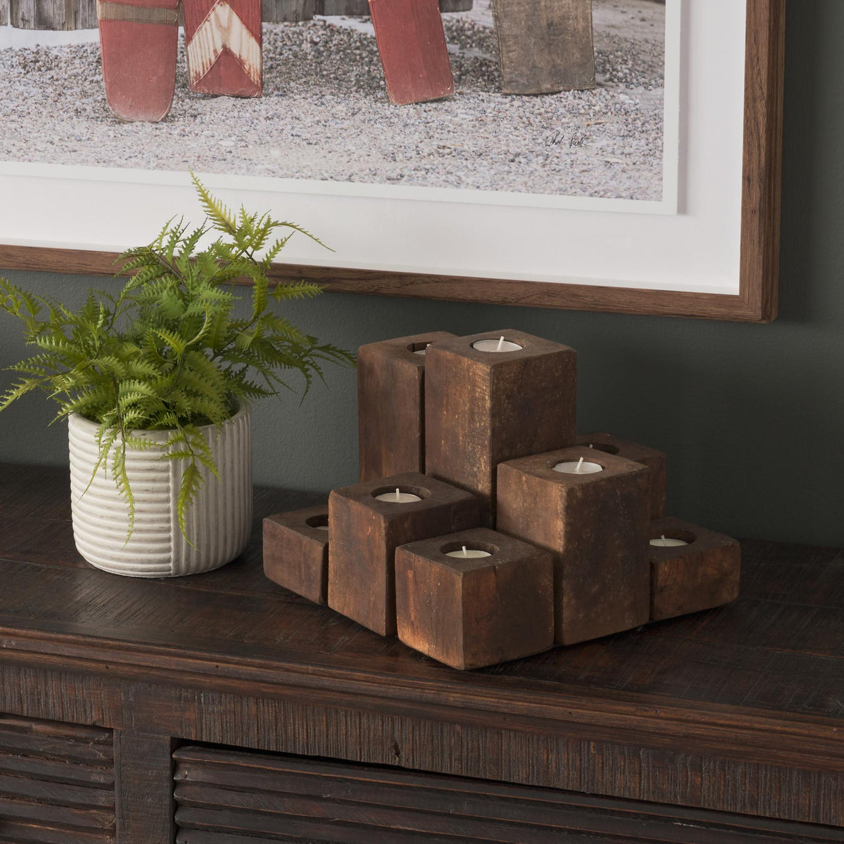 Mercana Cassius Light Brown Nine Wood Block Table Candle Holder