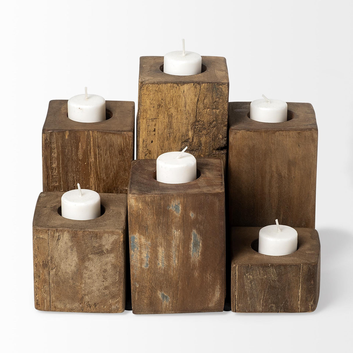 Mercana Cassius Light Brown Nine Wood Block Table Candle Holder