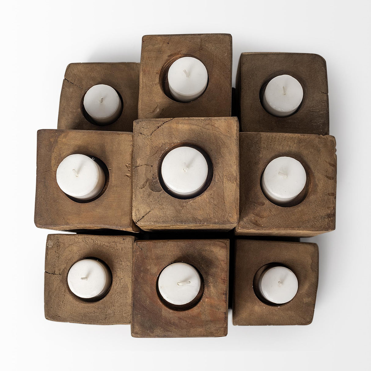Mercana Cassius Light Brown Nine Wood Block Table Candle Holder