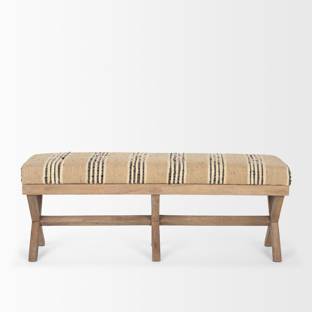 Mercana Solis 50L x 16W Brown Base Upholstered Beige/Black Stripe Seat Accent Bench
