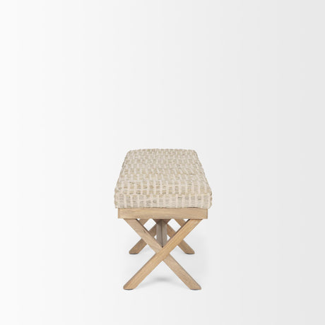 Mercana Solis II 50L x 16W Brown Base Beige Woven Leather Cushion Accent Bench