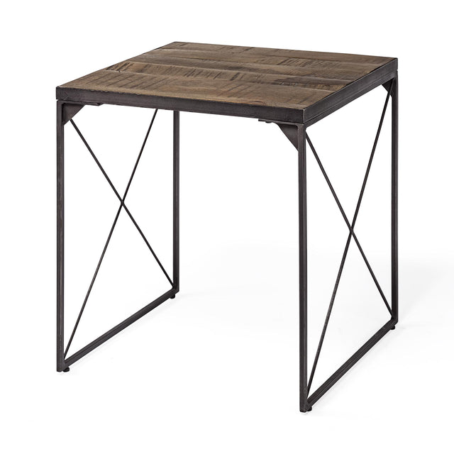 Mercana Trestman II 24" x 22.5" Square Top Medium Brown Wood and Iron Cross Braced End/Side Table