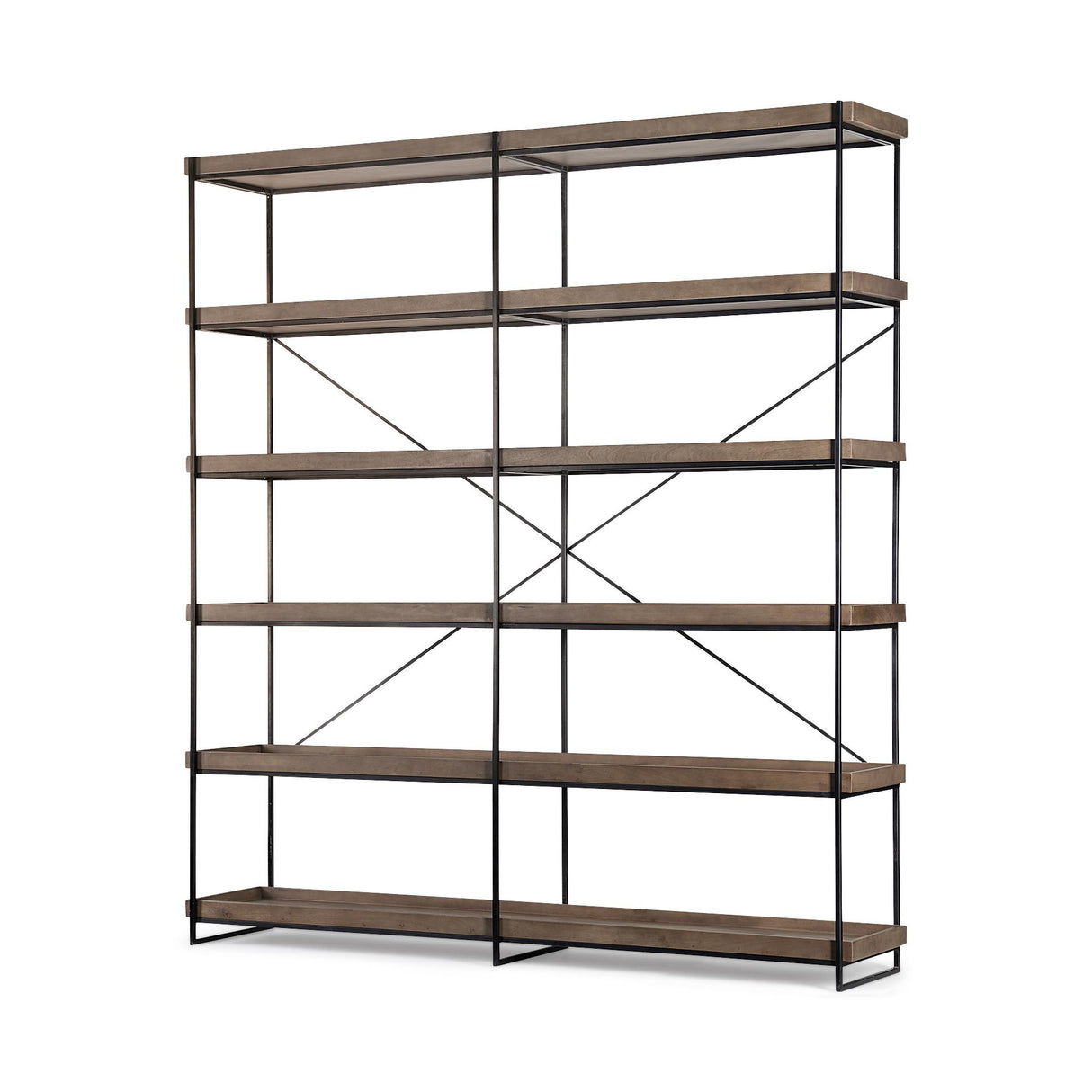 Mercana Trey IV 80L x 16W x 87.5H Medium Brown Wood and Iron Five Tray Shelf Shelving Unit