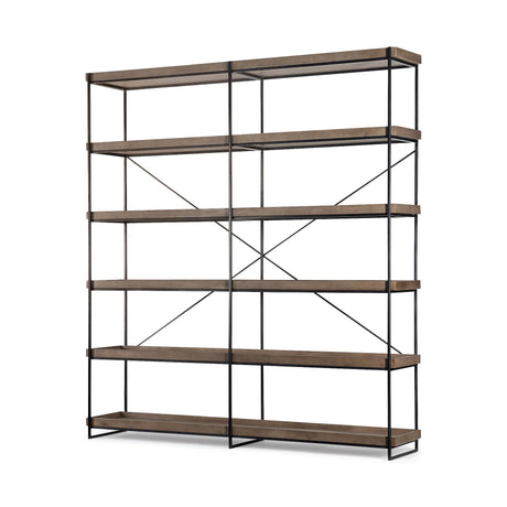 Mercana Trey IV 80L x 16W x 87.5H Medium Brown Wood and Iron Five Tray Shelf Shelving Unit