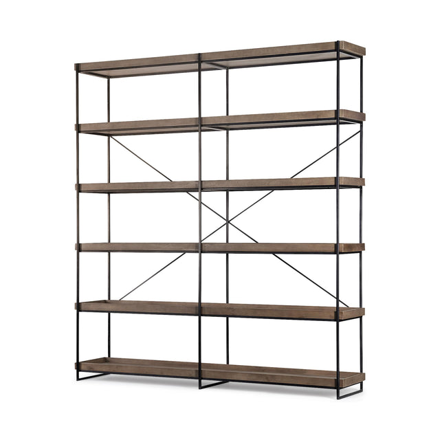 Mercana Trey IV 80L x 16W x 87.5H Medium Brown Wood and Iron Five Tray Shelf Shelving Unit