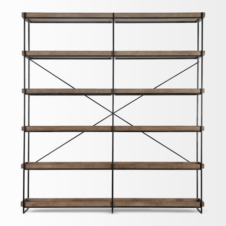 Mercana Trey IV 80L x 16W x 87.5H Medium Brown Wood and Iron Five Tray Shelf Shelving Unit