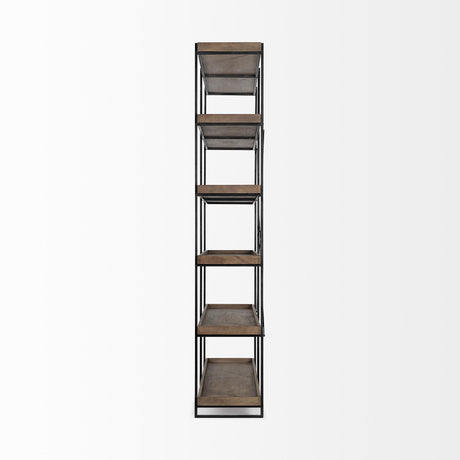 Mercana Trey IV 80L x 16W x 87.5H Medium Brown Wood and Iron Five Tray Shelf Shelving Unit