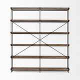 Mercana Trey IV 80L x 16W x 87.5H Medium Brown Wood and Iron Five Tray Shelf Shelving Unit