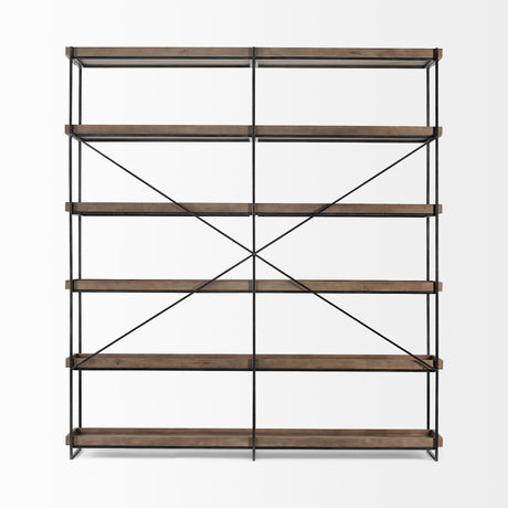 Mercana Trey IV 80L x 16W x 87.5H Medium Brown Wood and Iron Five Tray Shelf Shelving Unit