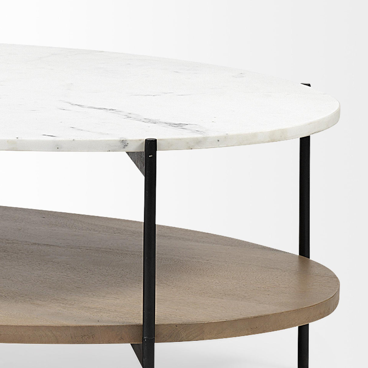 Mercana Larkin 48" Oval White Marble Top and Solid Wood Shelf w/ Black Metal Frame Coffee Table
