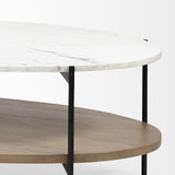 Mercana Larkin 48" Oval White Marble Top and Solid Wood Shelf w/ Black Metal Frame Coffee Table