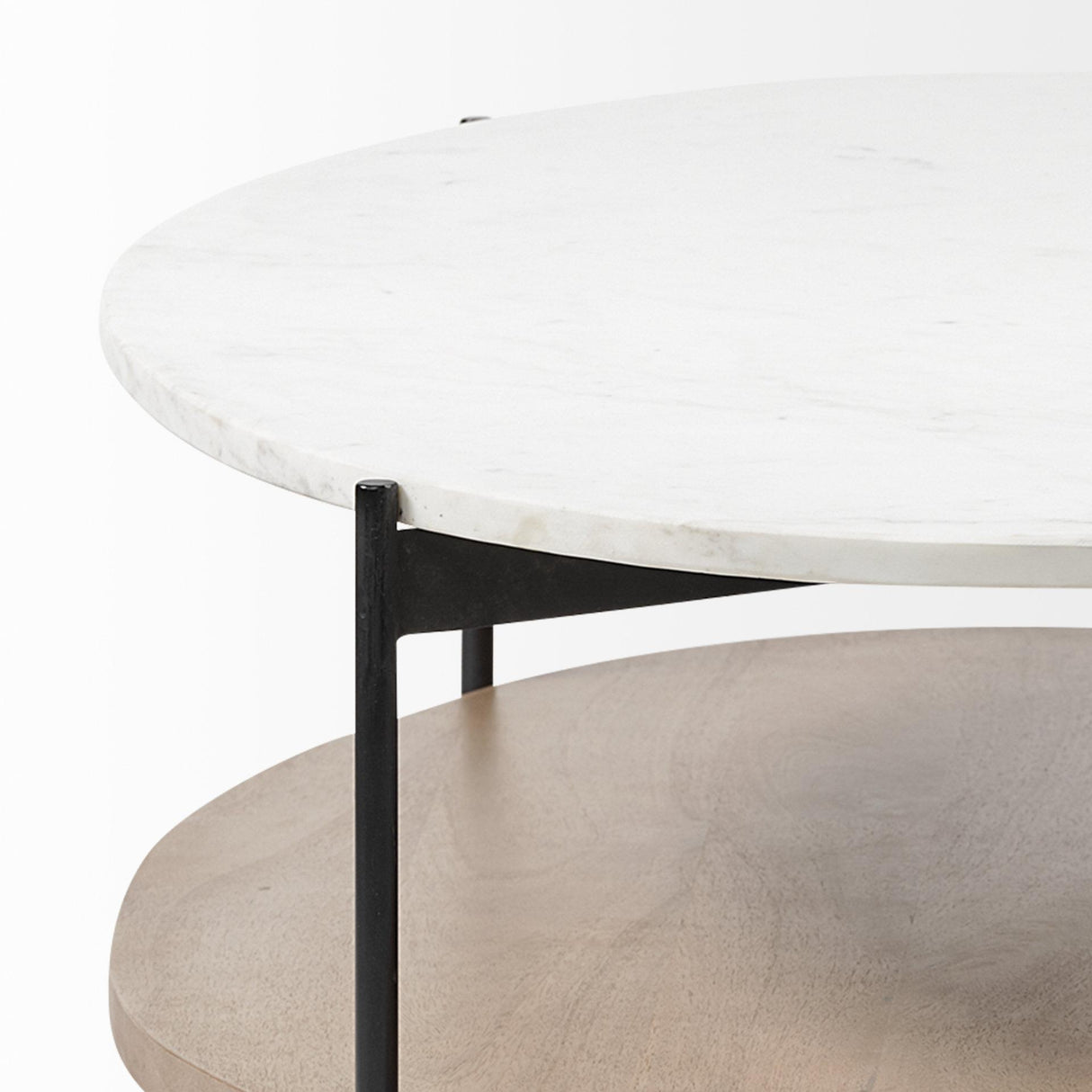 Mercana Larkin 48" Oval White Marble Top and Solid Wood Shelf w/ Black Metal Frame Coffee Table
