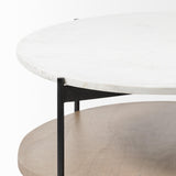 Mercana Larkin 48" Oval White Marble Top and Solid Wood Shelf w/ Black Metal Frame Coffee Table