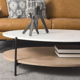 Mercana Larkin 48" Oval White Marble Top and Solid Wood Shelf w/ Black Metal Frame Coffee Table
