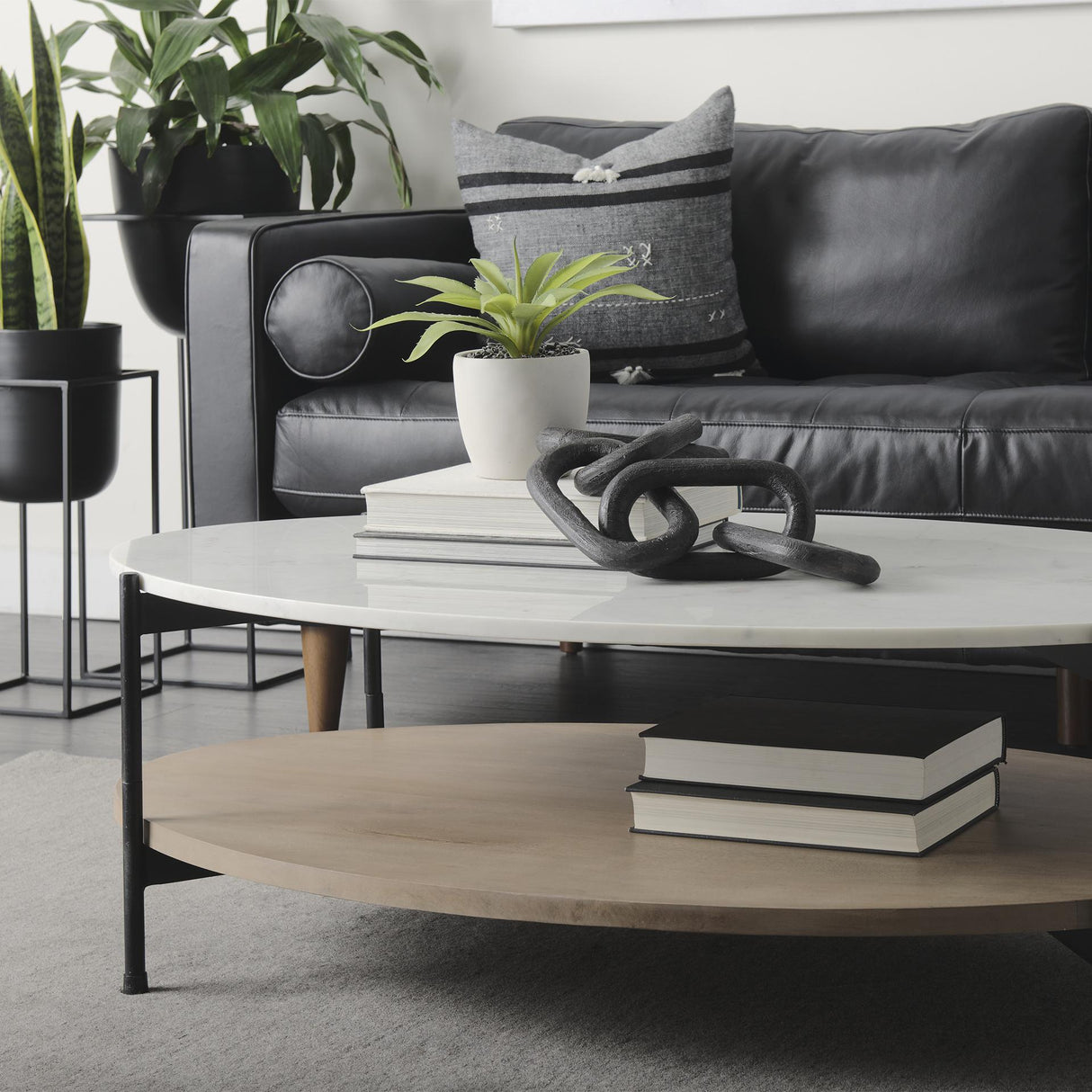 Mercana Larkin 48" Oval White Marble Top and Solid Wood Shelf w/ Black Metal Frame Coffee Table