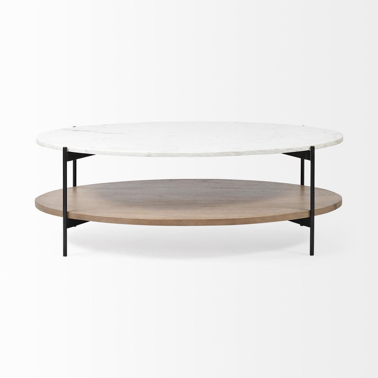 Mercana Larkin 48" Oval White Marble Top and Solid Wood Shelf w/ Black Metal Frame Coffee Table