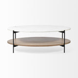 Mercana Larkin 48" Oval White Marble Top and Solid Wood Shelf w/ Black Metal Frame Coffee Table