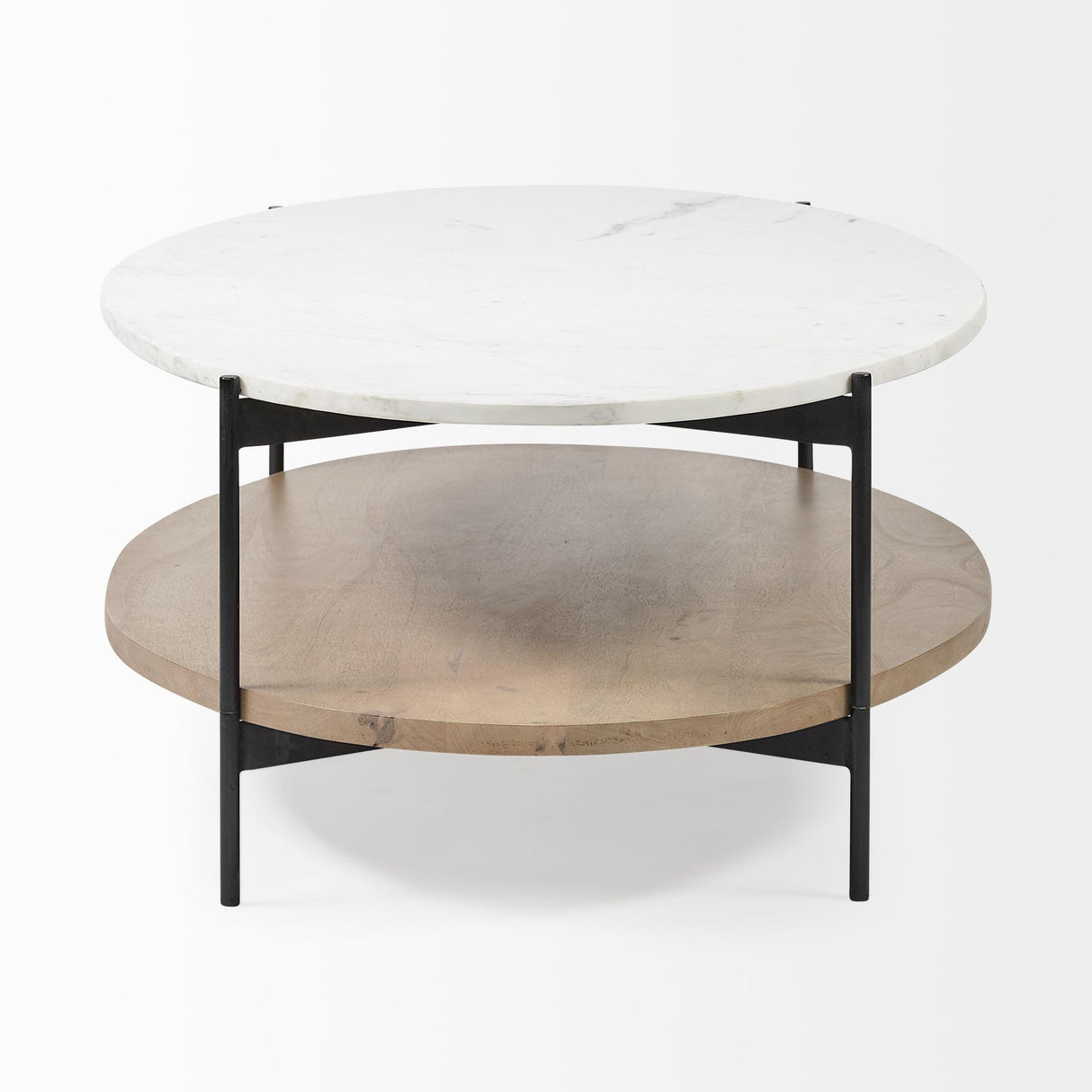 Mercana Larkin 48" Oval White Marble Top and Solid Wood Shelf w/ Black Metal Frame Coffee Table